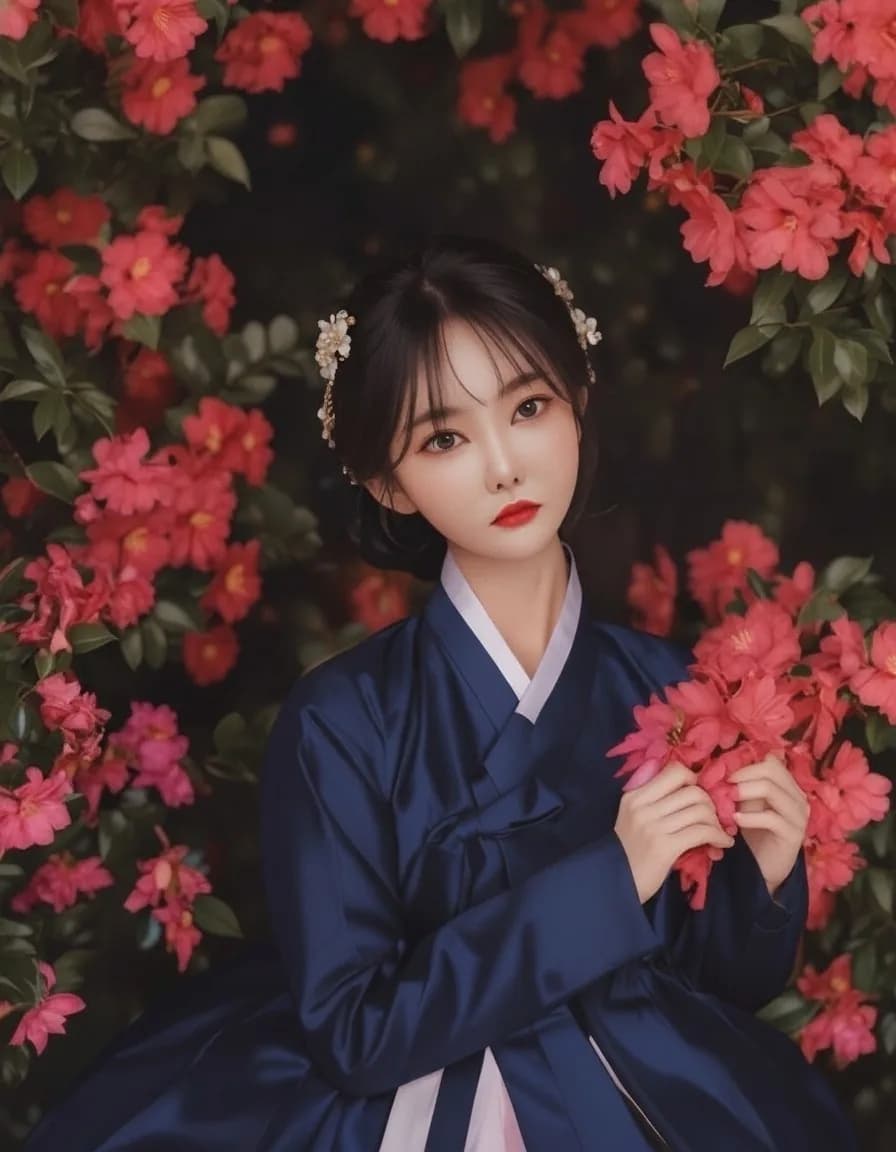 붉은 꽃 덤불을 배경으로 한 남색 한복