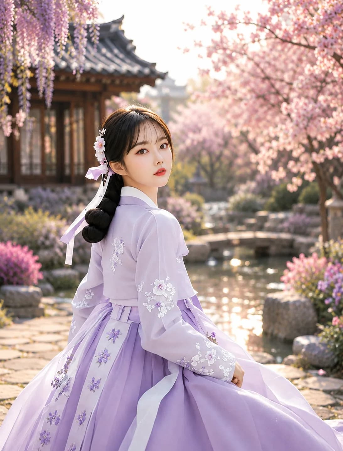 한옥 마당 벚꽃 아래 선 연보라 한복 차림